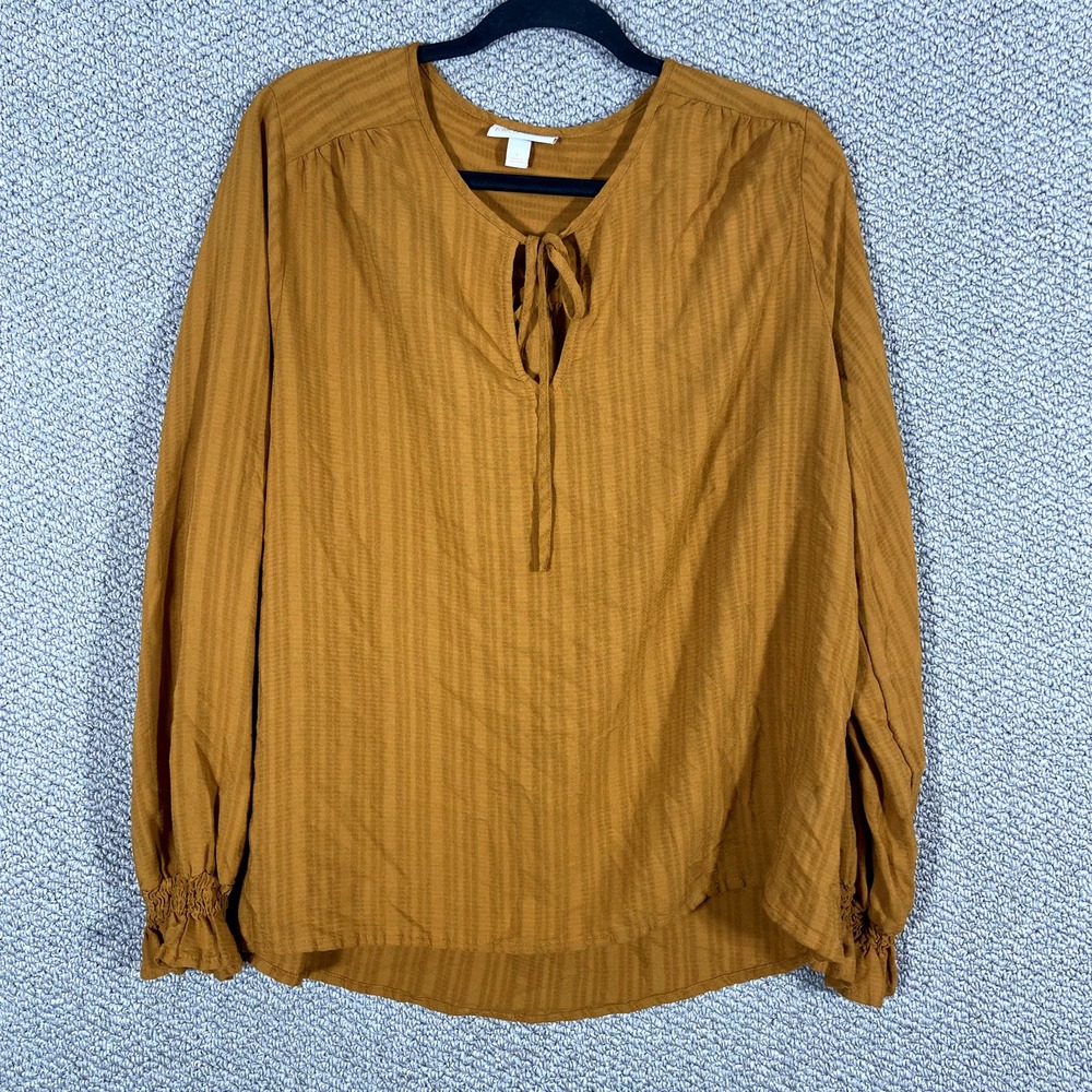 Knox Rose Blouse‎ Women Large Yellow Long Sleeves Keyhole Neck Tie Collar Casual